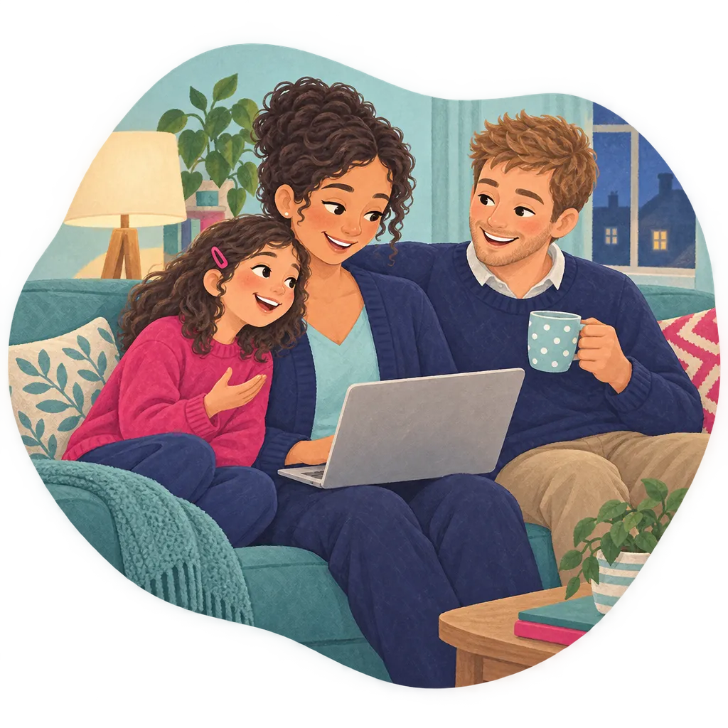 Illustration of a mum and dad on the sofa with their daughter, watching a short video on a laptop together.