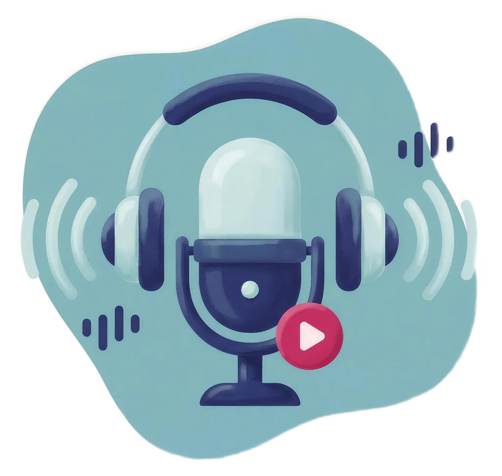 Illustration of a studio microphone with headphones and sound waves.