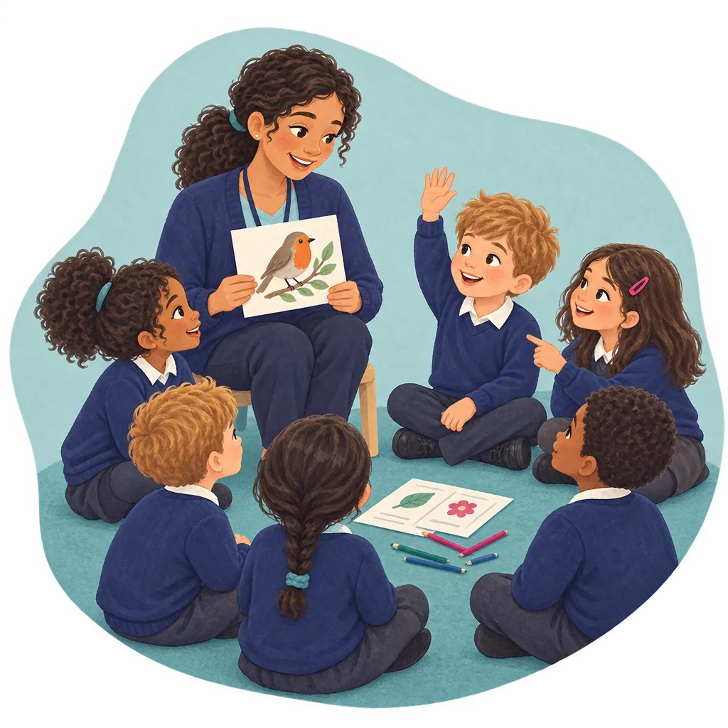Illustration of a teacher holding up a picture card for a circle of young pupils on the classroom carpet.
