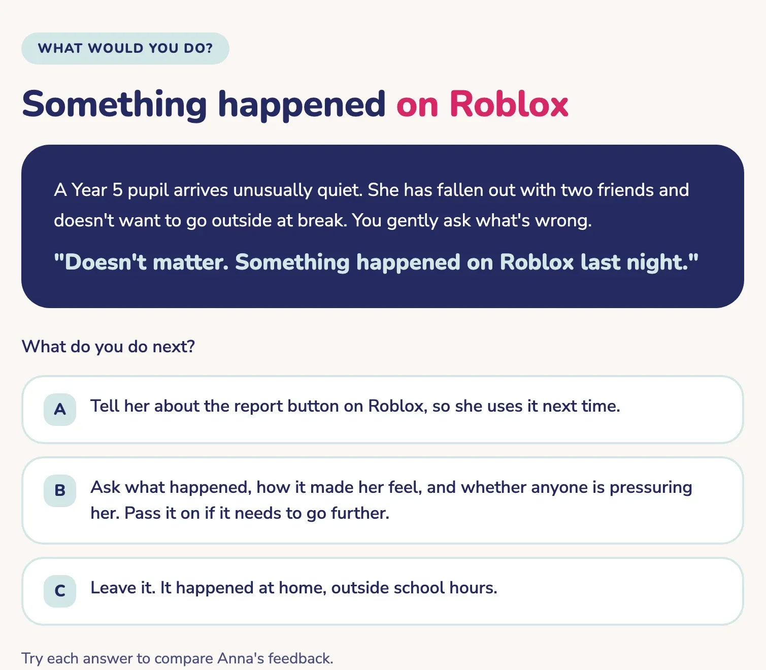 A course scenario: a Year 5 pupil says something happened on Roblox, and staff choose what to do next from three answers.