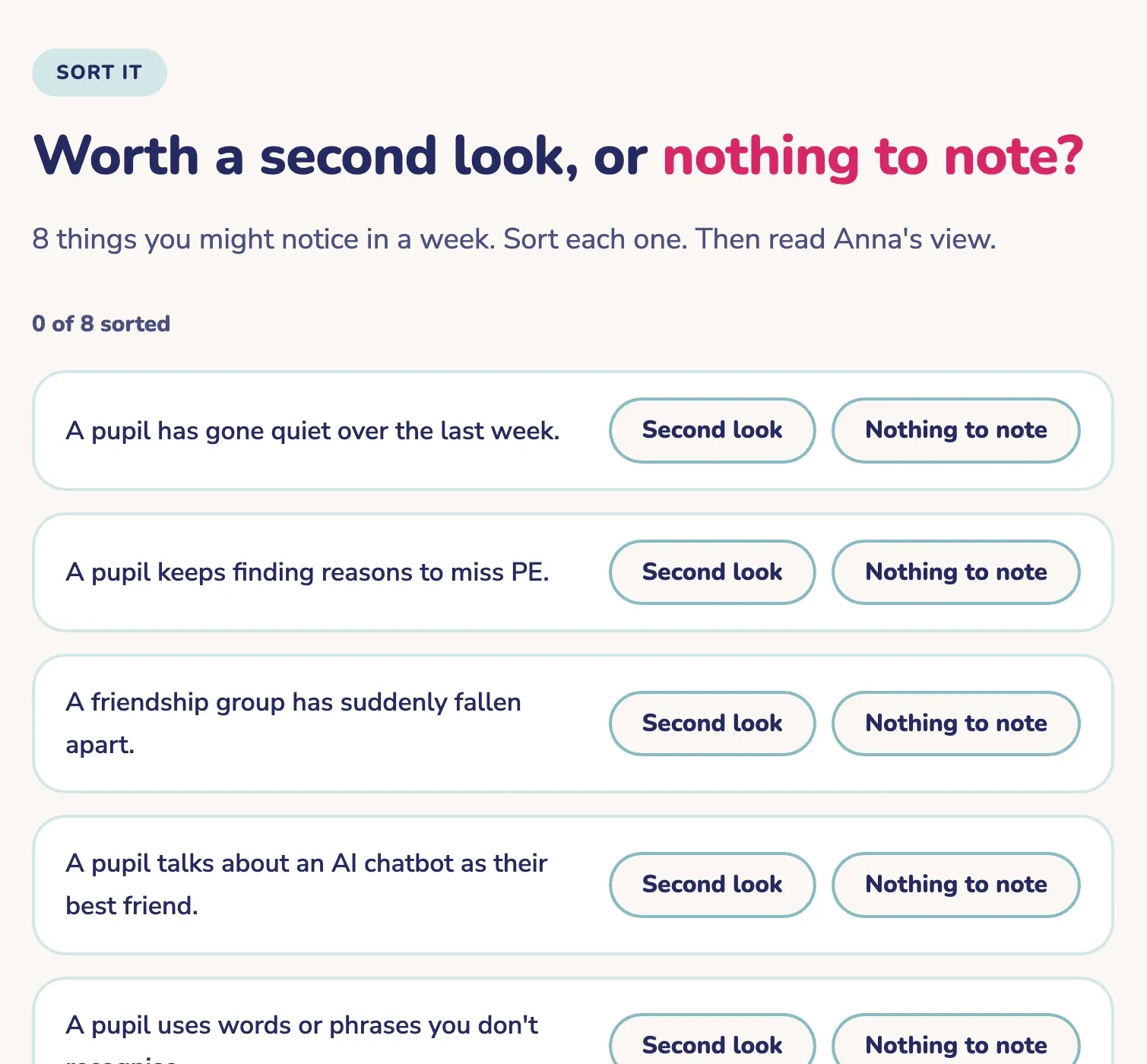 A sorting activity: staff decide whether eight everyday observations are worth a second look or nothing to note.
