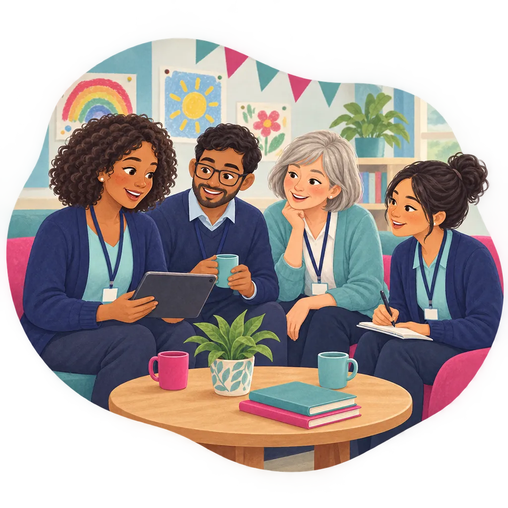 Illustration of four school staff colleagues around a staffroom table, watching a training video on a tablet together.