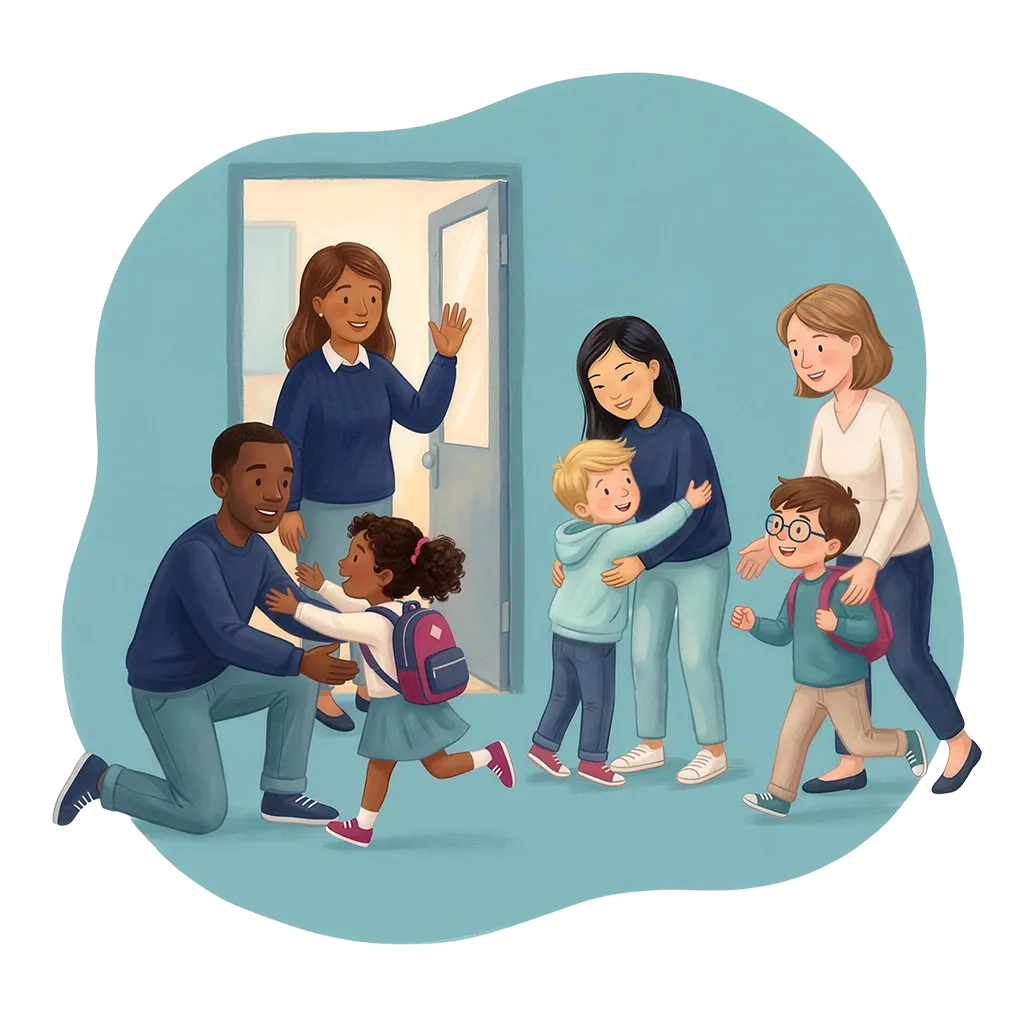 Illustration of parents, carers and a teacher welcoming children at a primary school door in the morning.